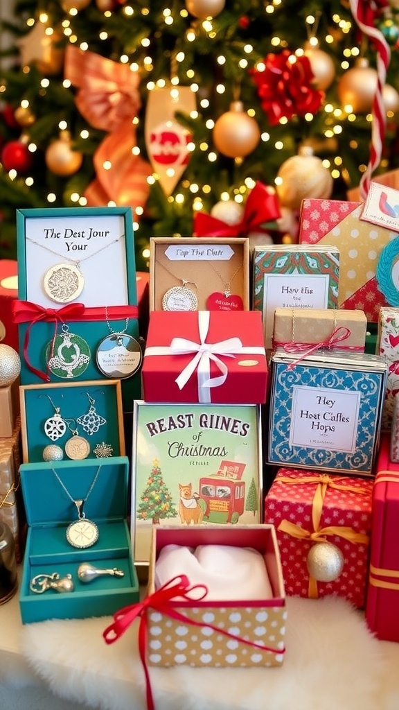 A collection of unique Christmas gifts including jewelry, subscription boxes, and crafts on a festive background.